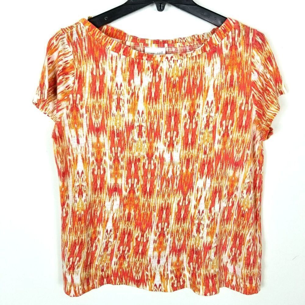 J.Jill Love Linen Women 100% Linen Printed Top Blouse Size M Orange Short Sleeve